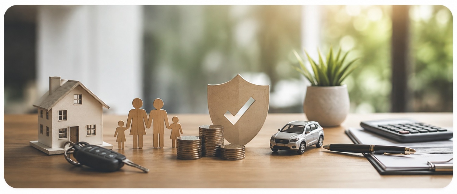 Family reviewing health and home insurance policy documents